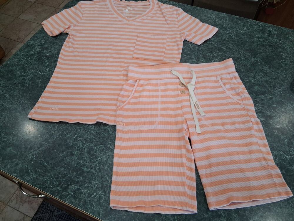 Lates 2 Pc Pajama Shorts Set Orange & White Striped Buttery Soft Pockets Sz S